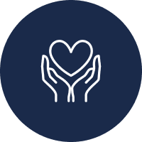 Hands holding heart icon on blue background.