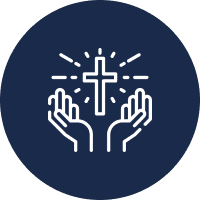 Hands raised towards a glowing cross icon.